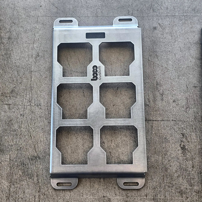 Clearance B-Grade half width Milwaukee Packout mounting plate, raw 10-gauge steel, front view with BOCO Custom logo
