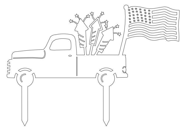 Outline of a truck with an American flag and fireworks on a white background