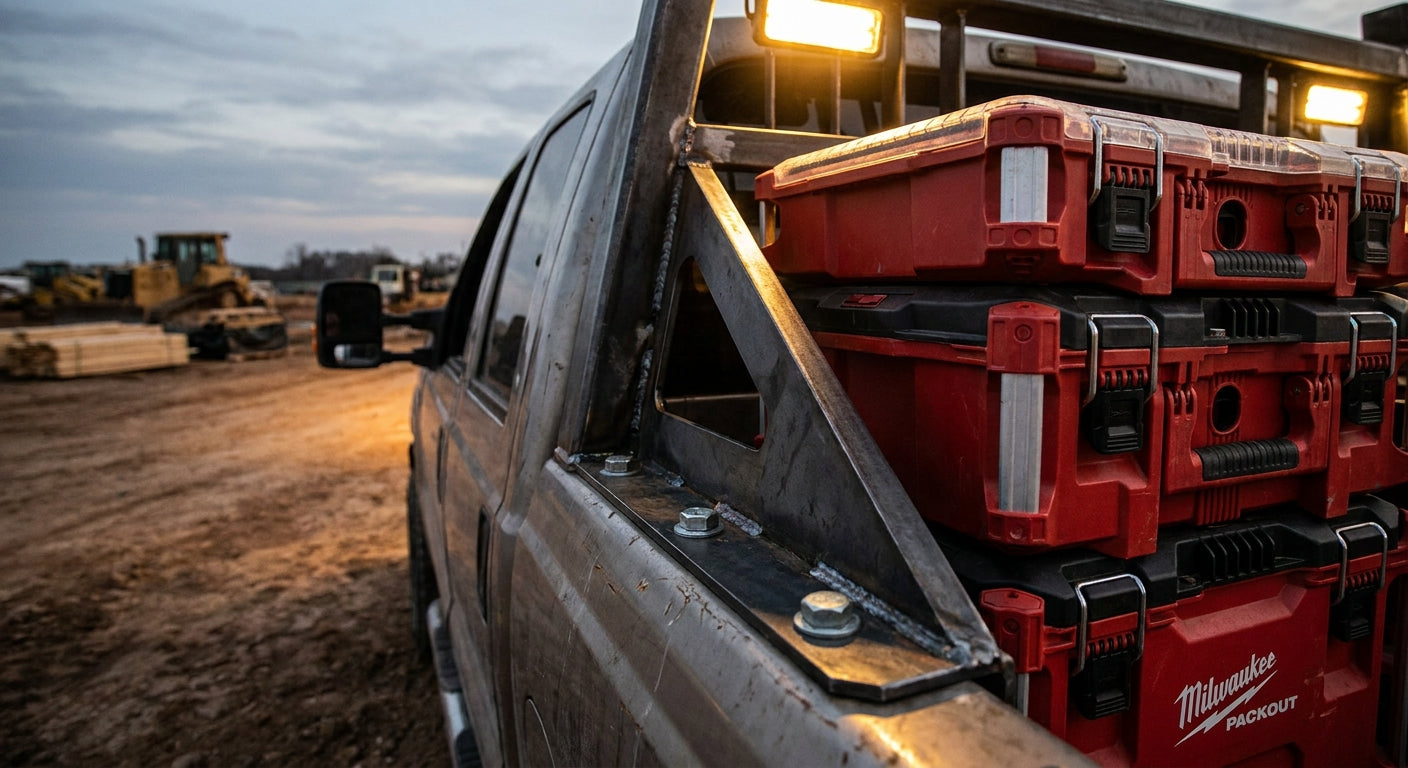 A heavy-gauge steel custom mount securing a Milwaukee Packout toolbox system to the bed of a rugged work truck on a job site.
