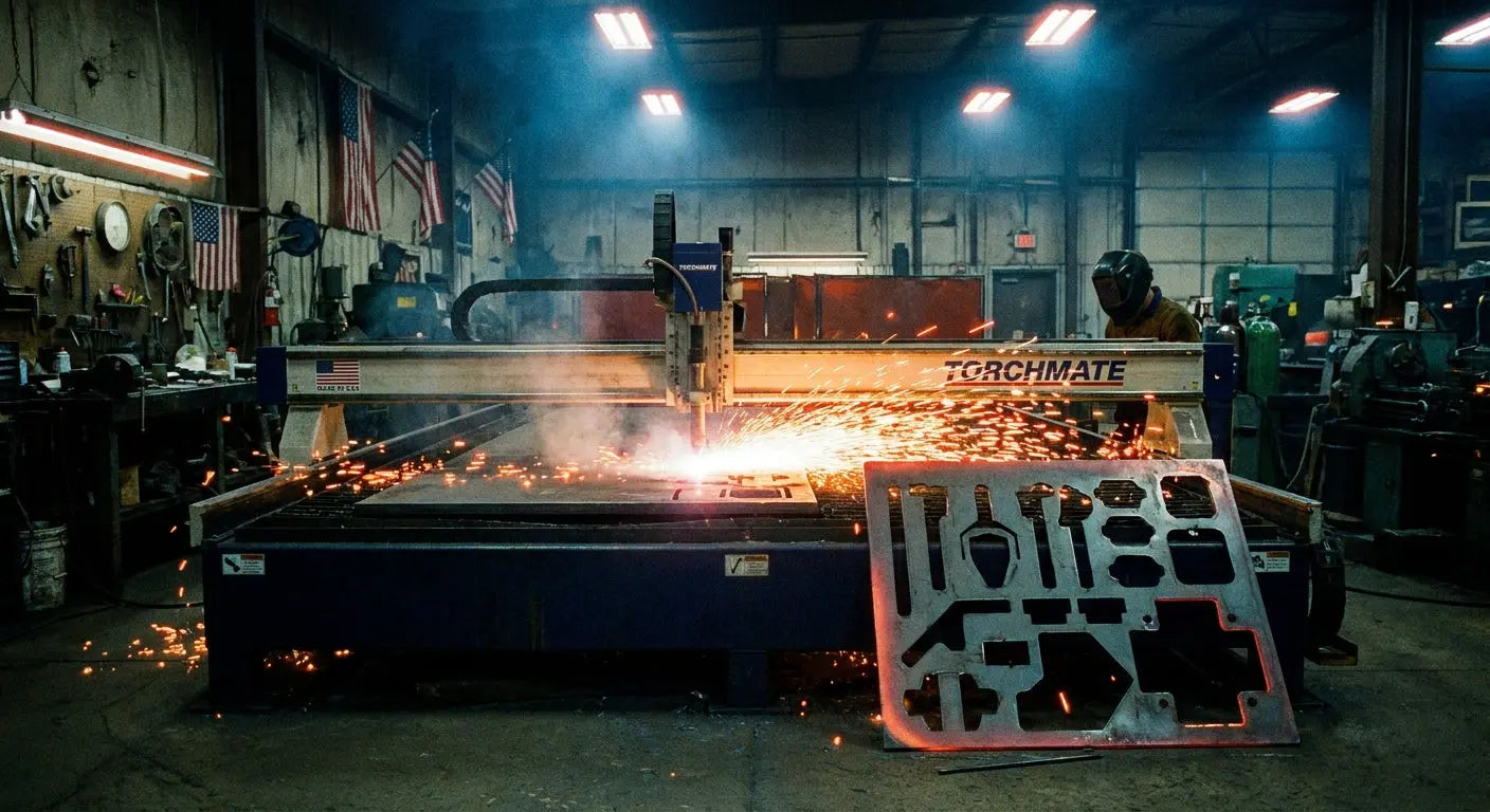 A CNC plasma cutter cutting a custom tool storage bracket from raw steel sheet in a dark industrial workshop, surrounded by bright orange sparks.