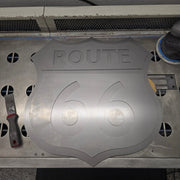 Route 66 shield metal wall art, black and white laser-cut steel