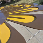 Close-up of the layered brown and yellow feathers on the BOCO Custom steel turkey lawn decor