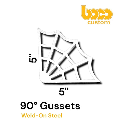 5x5 inch spider web design weld-on steel corner gusset with 90-degree angle and BoCo Custom logo on white background.