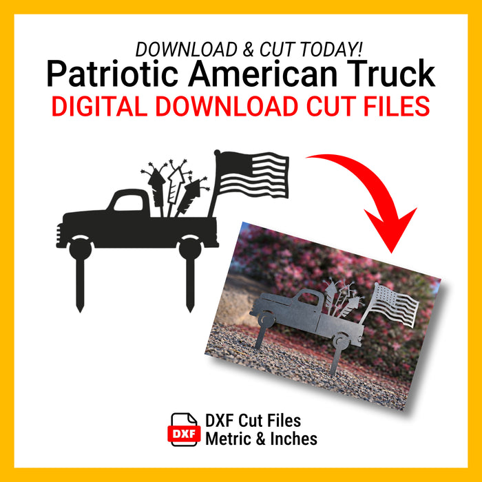 DXF Files for Plasma Cutting | American Truck with Fireworks and American Flag Lawn Stake / July 4 / Patriot / usa