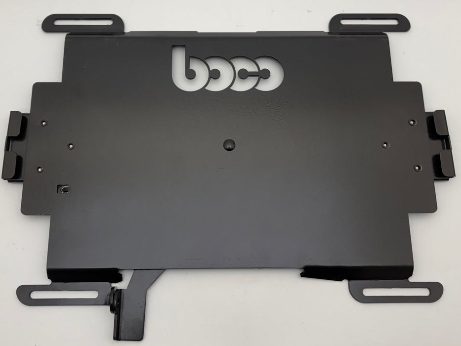 Custom mounting plate designed for a DeWalt toolbox, displayed on a white background, showcasing precise cutouts and mounting holes for secure attachment.