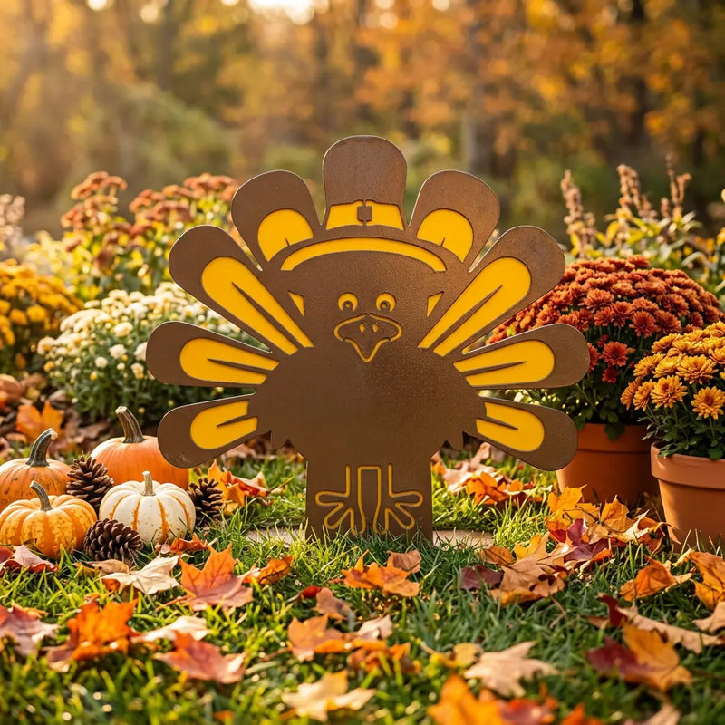 Steel turkey lawn decor staged in a fall garden with pumpkins and mums