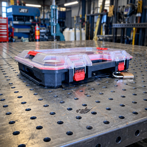 Husky Build-Out V2 locking mounting plate in textured black finish showing the steel locking arm and universal compatibility with all Build-Out toolboxes.