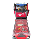 Milwaukee Packout tool bag and organizer tray set, shown open with tools inside and red storage compartments on a white background.