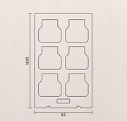 Outline of a six-lobed container with dimensions on a beige background