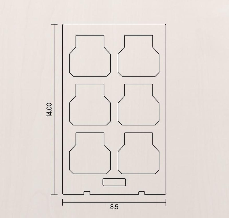 Outline of a six-lobed container with dimensions on a beige background
