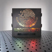 image of dxf file cut into 10ga steel firepit, graphic is mexico coat of arms
