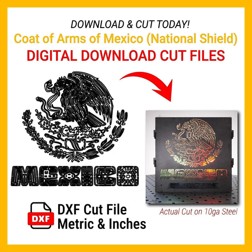 BOCO Custom LLC Mexico Coat of Arms DXF cut file for CNC machines. Includes MEXICO text.