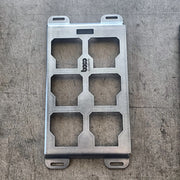 Clearance B-Grade half width Milwaukee Packout mounting plate, raw 10-gauge steel, front view with BOCO Custom logo