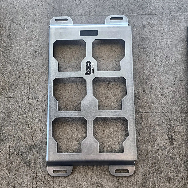 Clearance B-Grade half width Milwaukee Packout mounting plate, raw 10-gauge steel, front view with BOCO Custom logo