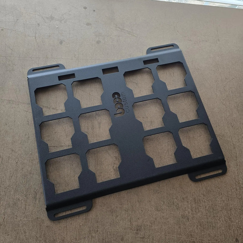 Black powder coated full width Milwaukee Packout mounting plate with BOCO Custom logo