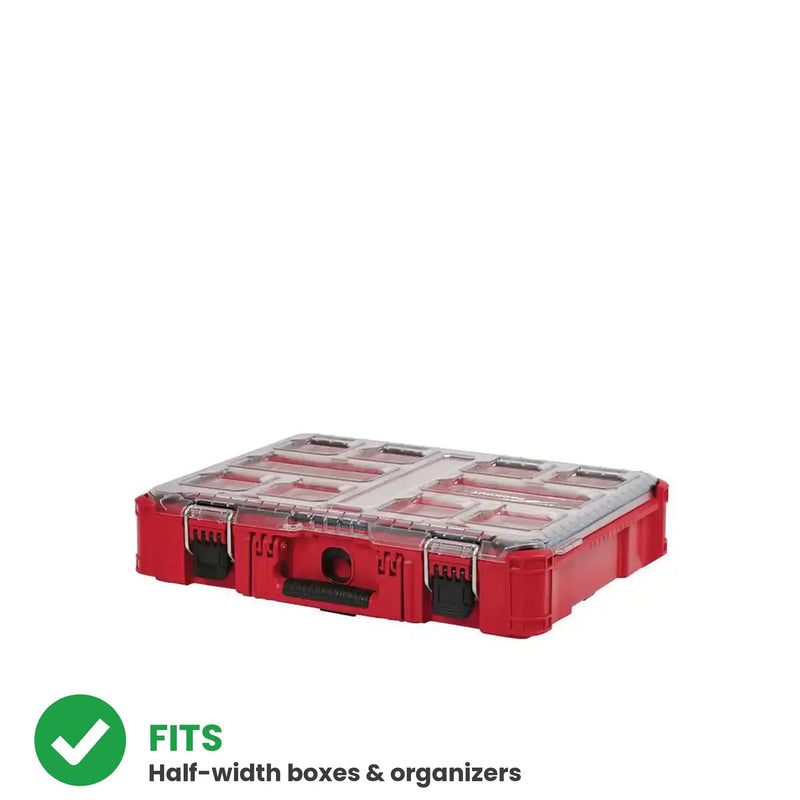 Checkmark: fits Milwaukee Packout organizers and half width boxes