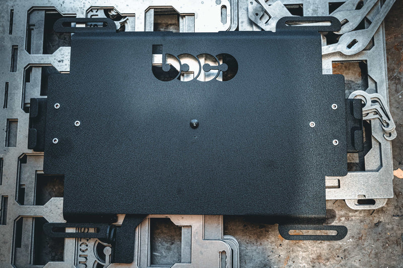 BOCO Custom logo detail on DeWalt ToughSystem wall mount plate, laser-cut 10-gauge steel