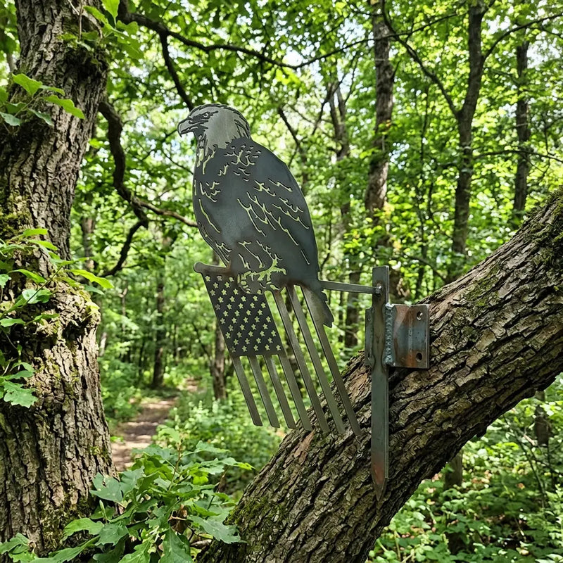 rendering of the bald eagle on flag cut from metal placed in a forest setting