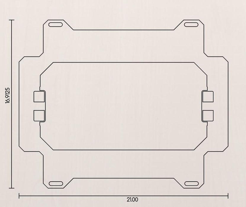 Technical drawing of a rectangular object with dimensions on a beige background