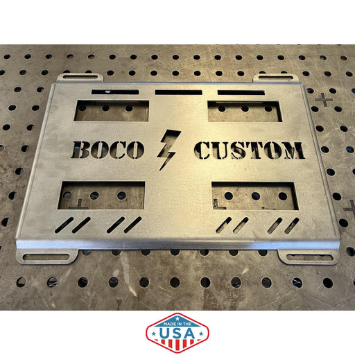 mounting plate for klein, raw steel with lightning bolt cut-out design