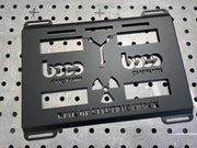 mounting plate for klein, powdercoat black with risk of electric shock text cut-out design