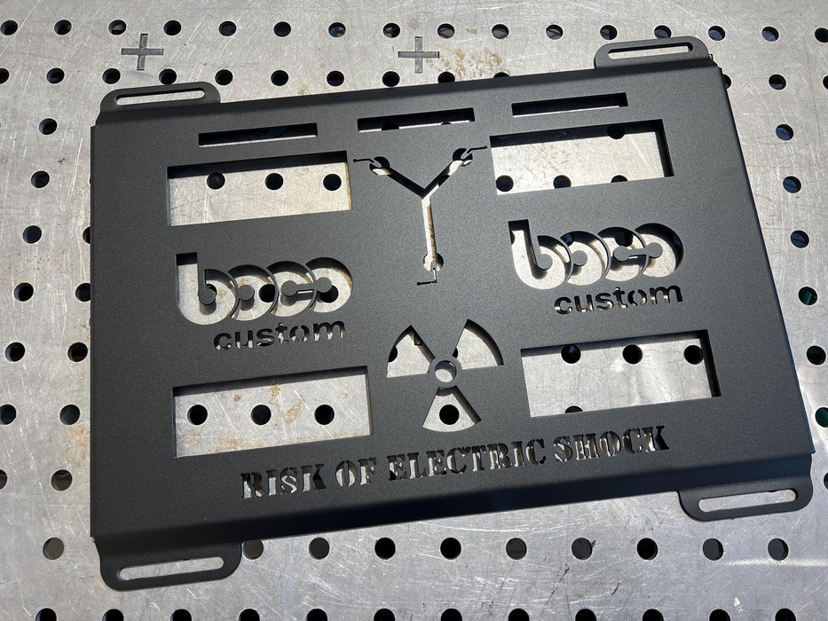 mounting plate for klein, powdercoat black with risk of electric shock text cut-out design