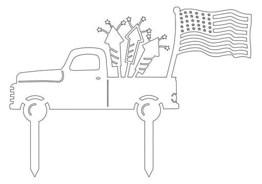Outline of a truck with an American flag and fireworks on a white background