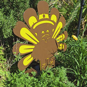 11.75-inch Turkey yard art made of dual-layer 14-gauge steel with professional brown and yellow powder coat finish for Thanksgiving decor.