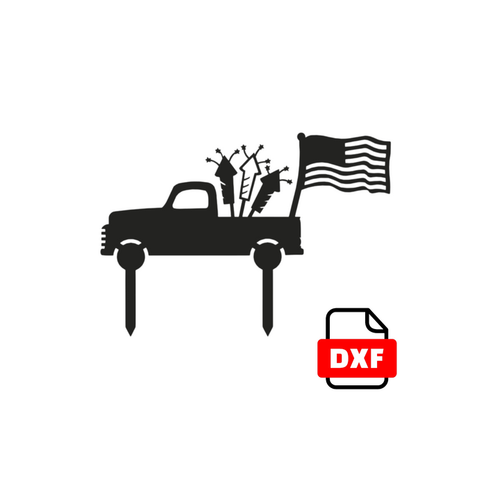 DXF Files for Plasma Cutting | American Truck with Fireworks and American Flag Lawn Stake / July 4 / Patriot / usa