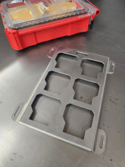 1/8 inch (11ga) aluminum Milwaukee Packout mounting plate, single half-width footprint with laser-cut mounting holes.