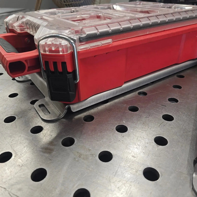 Packout organizer latched onto a half width steel mounting plate, side view