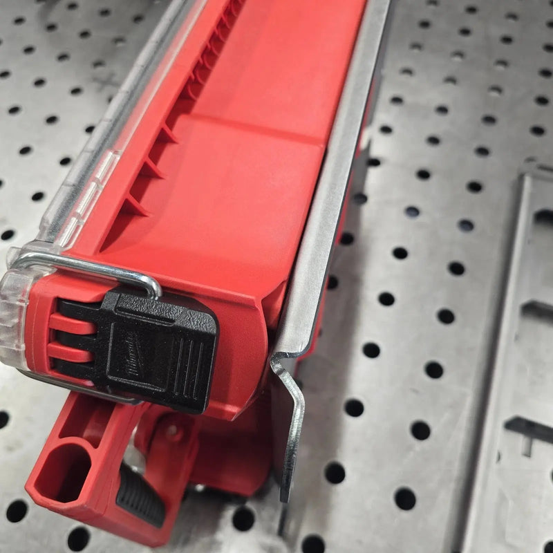 Milwaukee Packout latch locked onto a half width BOCO Custom mounting plate