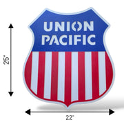 Union Pacific shield metal wall art, hand-painted red, white and blue steel - detail view 2